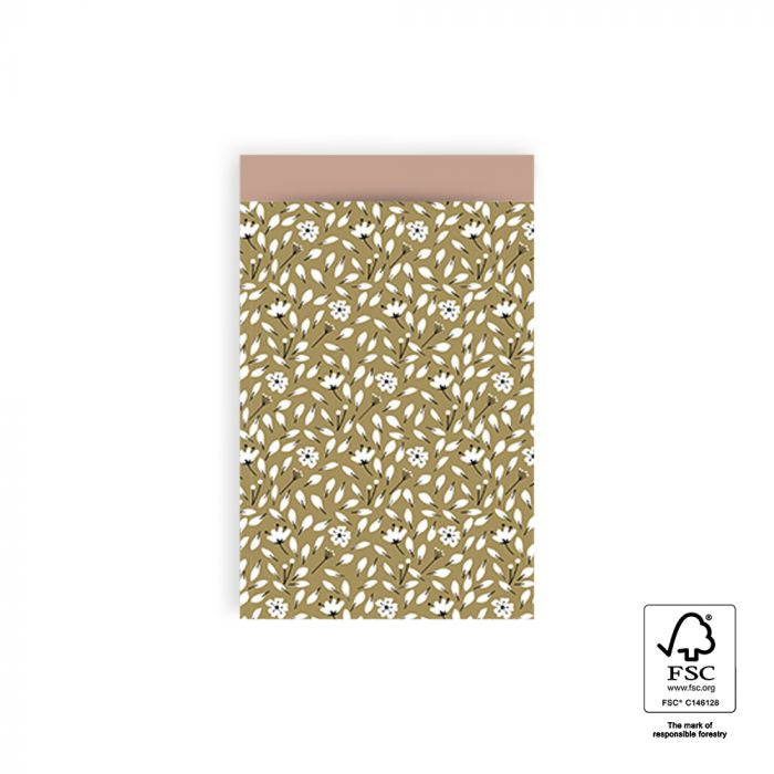 HOP Cadeauzakjes Flowers Liberty - Olive Green / Pink - 12 x 19 cm
