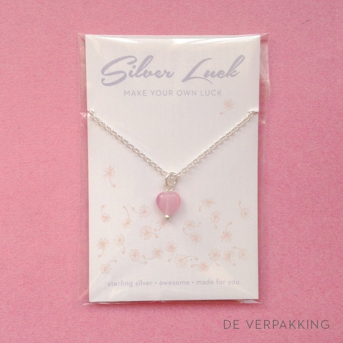 Silver luck pink heart ketting