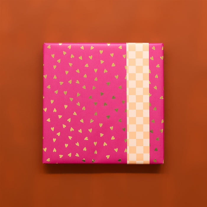 HOP - Inpakpapier - Small Hearts Pink Gold Foil - Check Peach