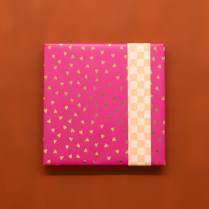 HOP - Inpakpapier - Small Hearts Pink Gold Foil - Check Peach